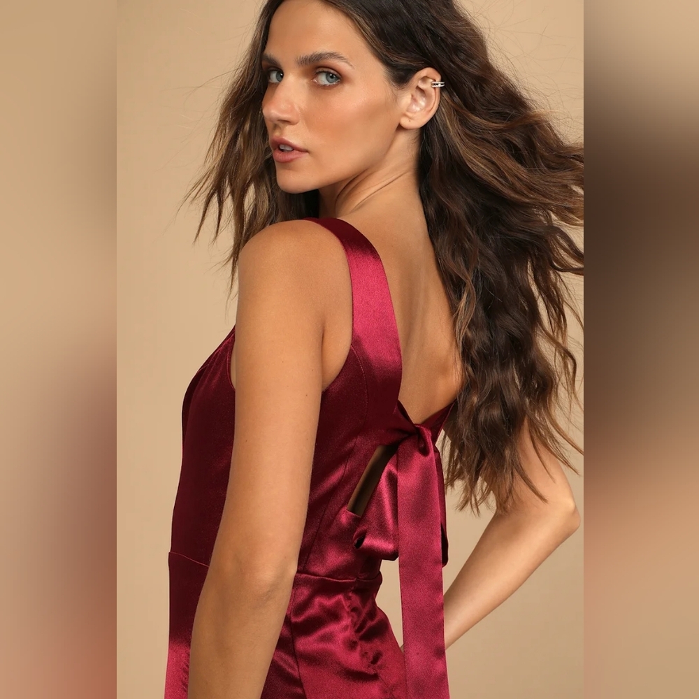 Lulu's Forever Special Burgundy Satin Sleeveless Tie-Back V-neck Maxi Dress- M - Picture 4 of 14